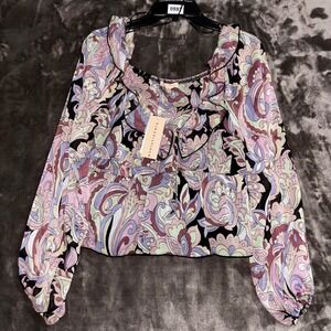 Evolutionary Floral Print Ruffle Trim Long Sleeve Crop Top - Size‎ M